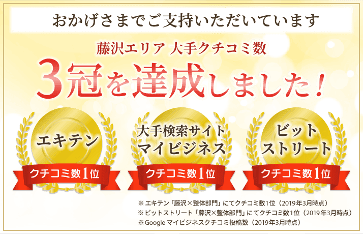 藤沢エリアの整体院として、大手クチコミサイトにて3冠を達成しました